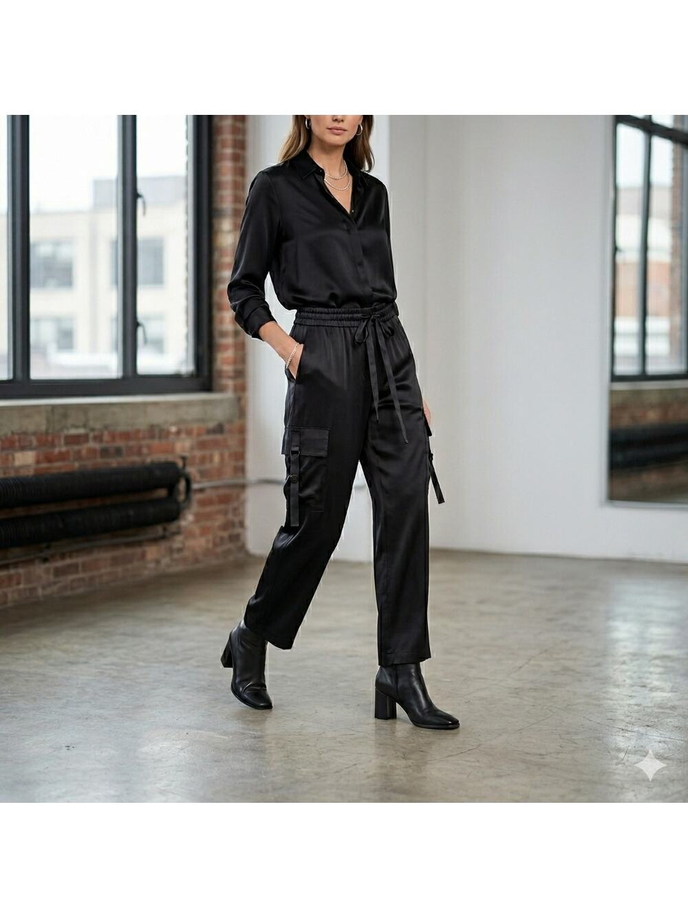 Donna Karan New York Satin Wide Leg Cargo Pants Black M NWOT